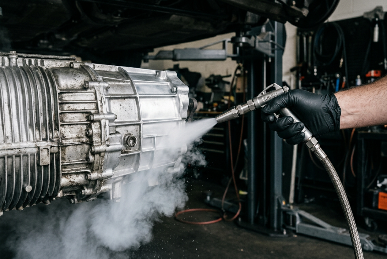 Illustration of a dry ice nozzle cleaning an automotive gearbox