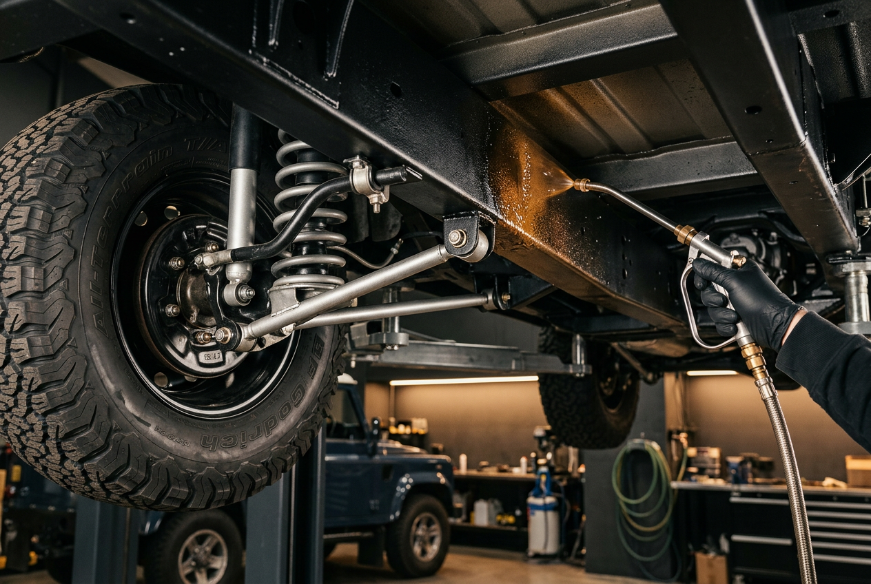 Illustration of rust protection wax being applied to a vehicle chassis